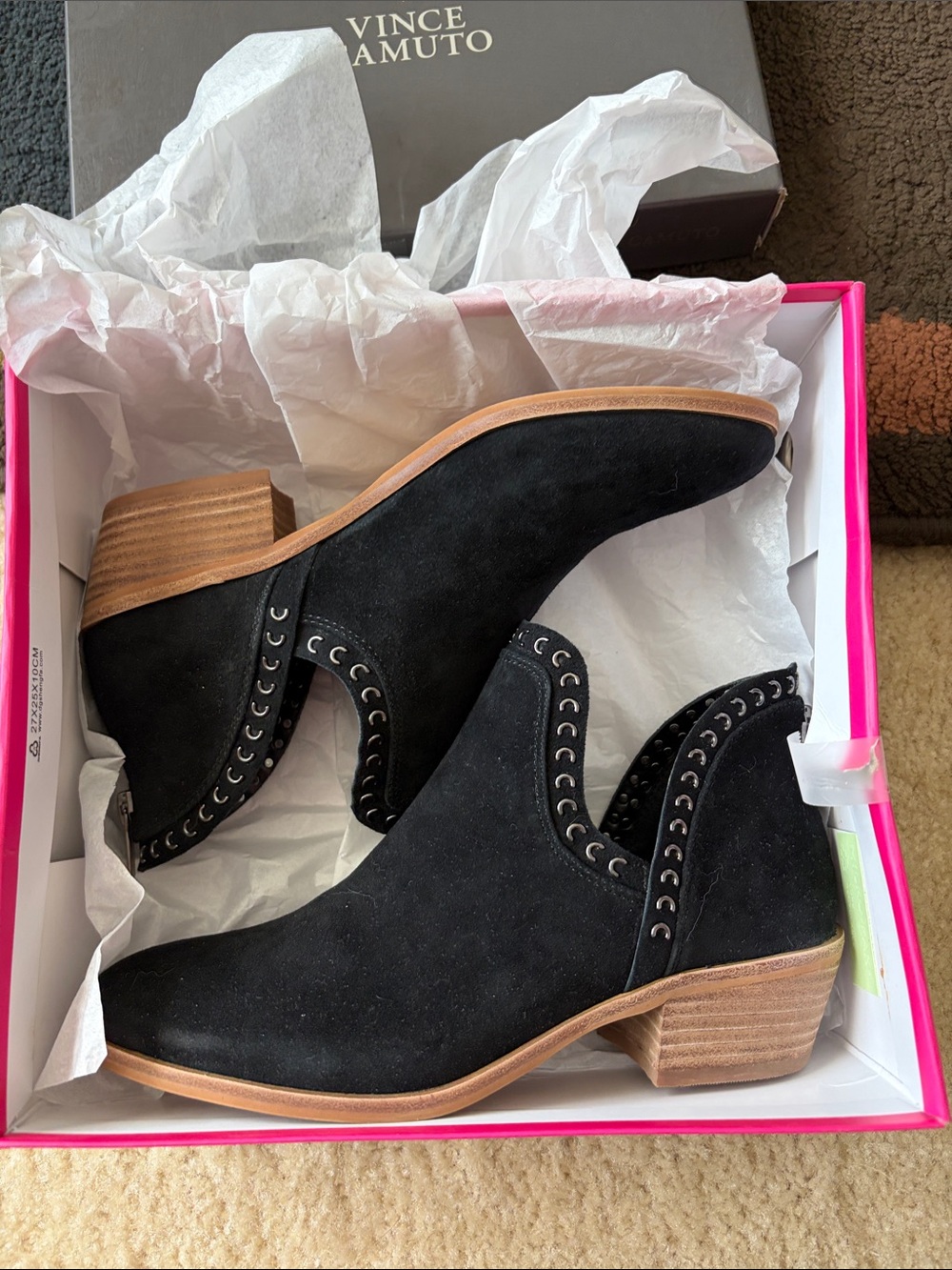 Never worn Vince Camuto Gray Box with Hot Pink Trim. Suede booties